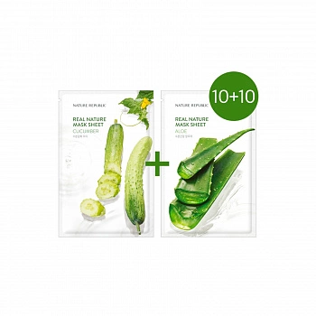 Тканевая маска с огурцом+Тканевая маска с алоэ(10+10) 10+10
Real Nature Mask Sheet Cucumber
+
Real Nature Mask Sheet Aloe